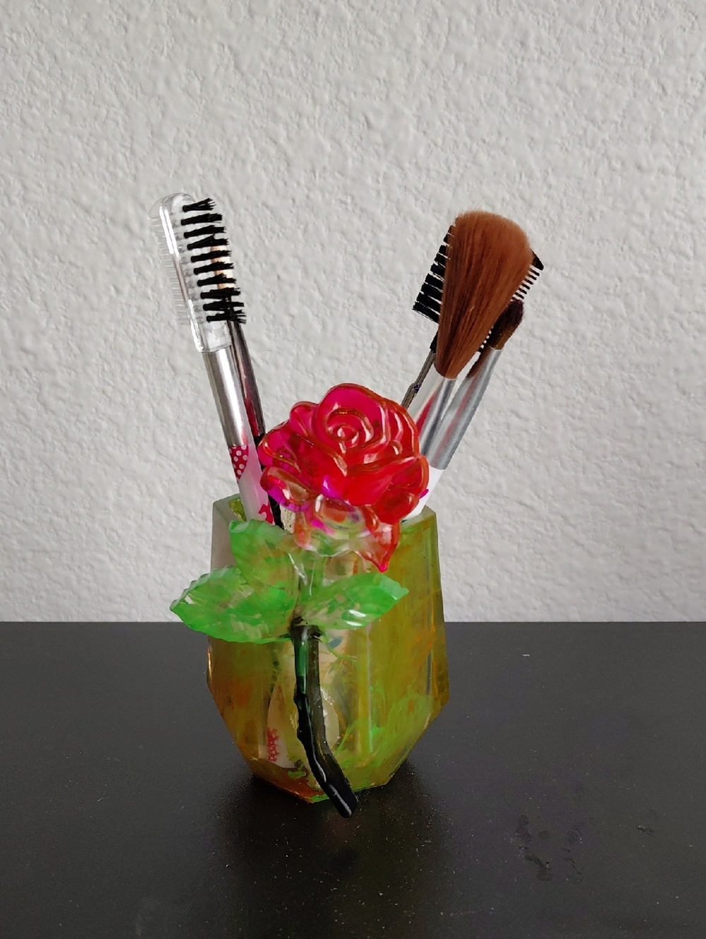 Handcrafted Red Rose Resin Makeup Brush Holder with Green Leaves